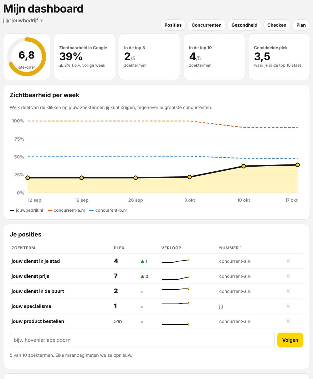 Esempio della dashboard con visibilità per settimana, posizioni per parola chiave e concorrenti
